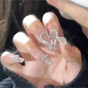 24 piece Nude rhinestone heart press on nails set